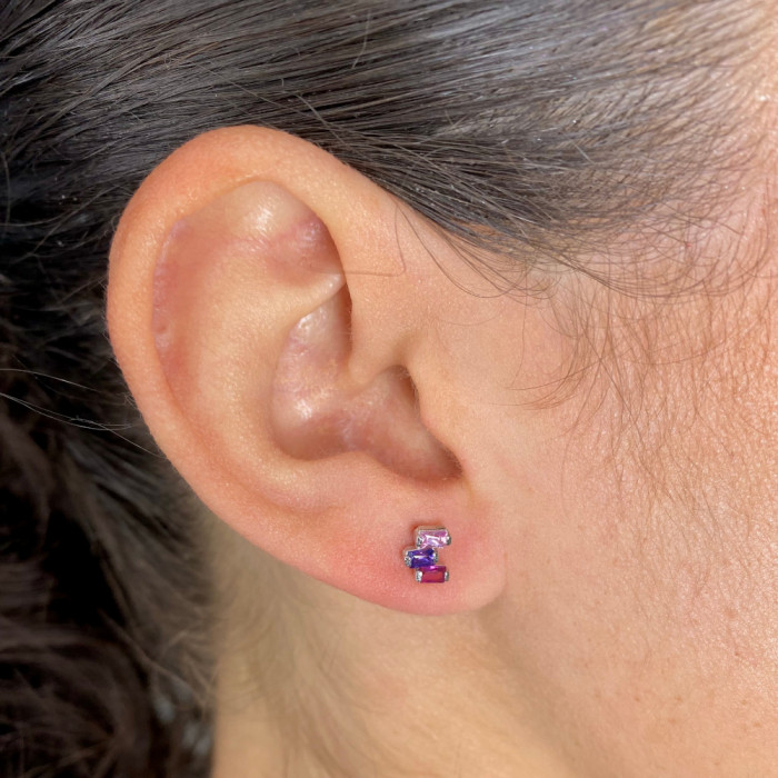 PENDIENTES EN PLATA LADRILLOS CON CIRCONITAS ROSAS Y MALVAS. 2