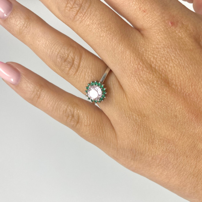 ANILLO EN PLATA PIEDRAS REDONDAS ROSA Y  VERDE. 2