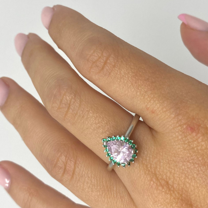 ANILLO EN PLATA FORMA GOTA CIRCONITAS ROSA Y VERDE. 2