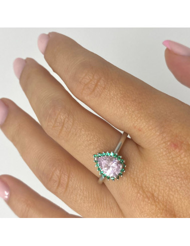 ANILLO EN PLATA FORMA GOTA CIRCONITAS ROSA Y VERDE.
