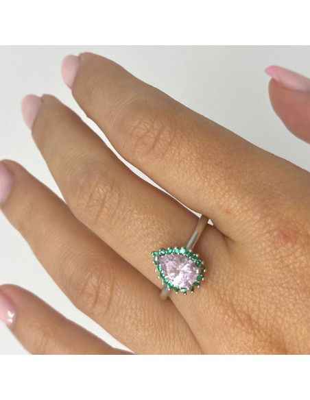 ANILLO EN PLATA FORMA GOTA CIRCONITAS ROSA Y VERDE.