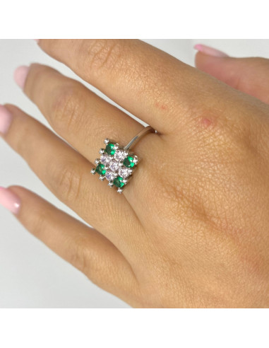 ANILLO EN PLATA FORMA CUADRADO CON PIEDRAS EN VERDE Y ROSA.