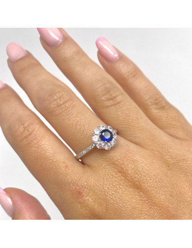 ANILLO EN PLATA CIRCONITA AZUL Y BLANCAS ROSETA