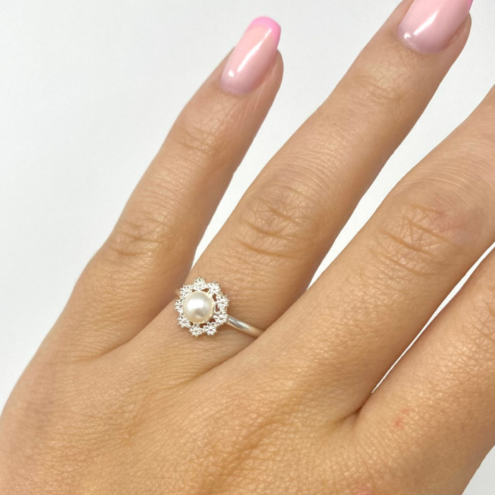 ANILLO EN PLATA CON PERLA Y FLORES 2