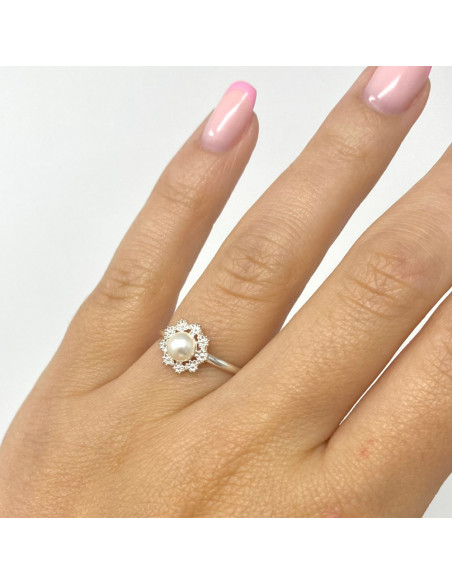 ANILLO EN PLATA CON PERLA Y FLORES