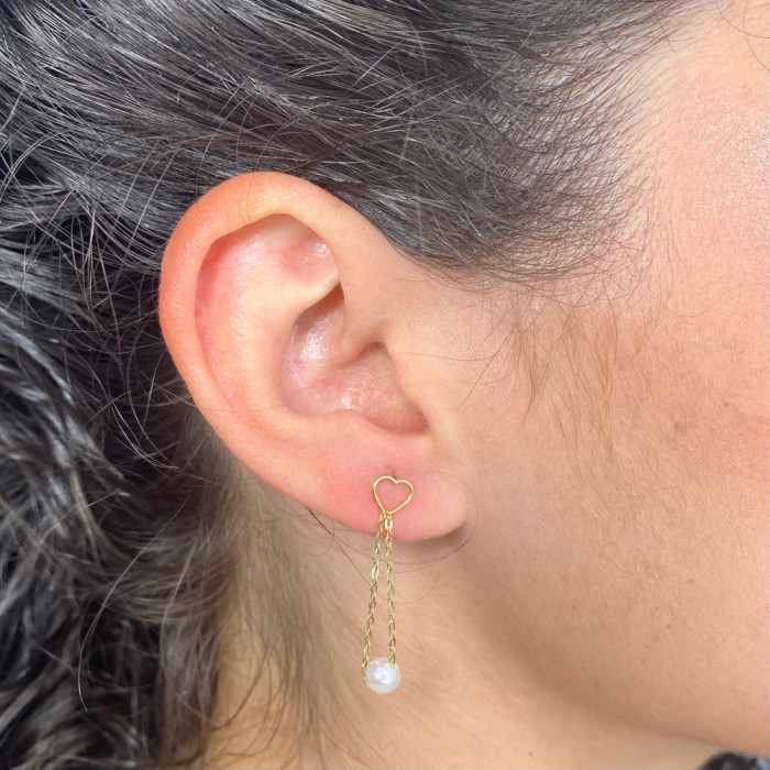 PENDIENTES EN ORO LARGOS CORAZON CON CADENA Y PERLA 2