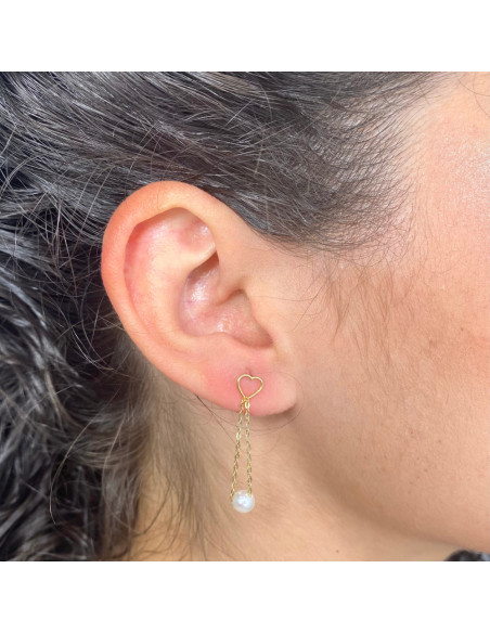 PENDIENTES EN ORO LARGOS CORAZON CON CADENA Y PERLA