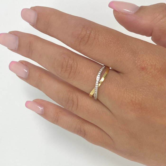 ANILLO EN ORO BICOLOR DOS BANDAS CRUZADAS CIRCONITAS 2