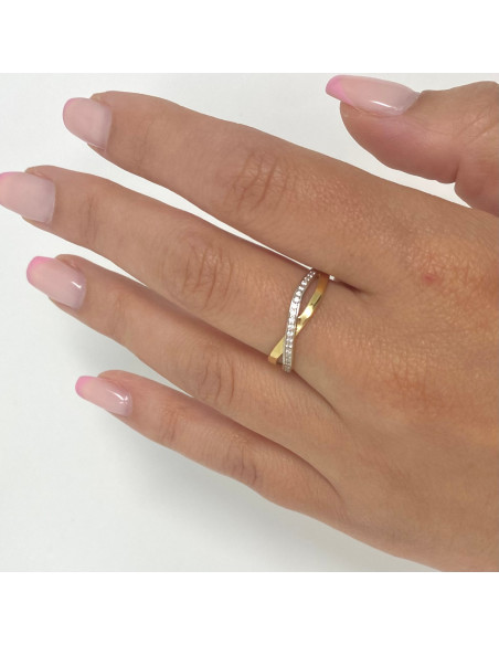 ANILLO EN ORO BICOLOR DOS BANDAS CRUZADAS CIRCONITAS