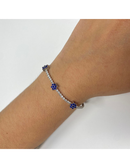 PULSERA EN PLATA CON CIRCONITAS AZULES Y BLANCAS ROSETA
