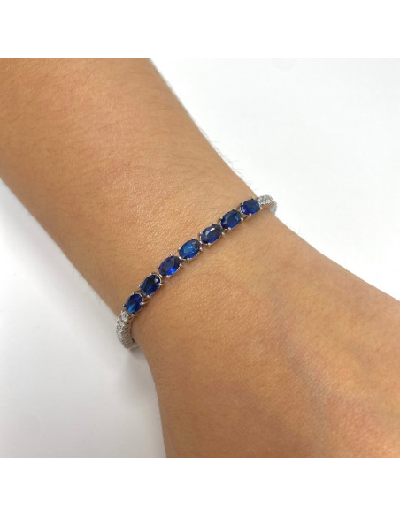 PULSERA EN PLATA CON CIRCONITAS AZULES Y BLANCAS OVALES