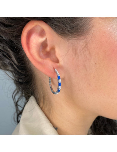 PENDIENTES PLATA EN ARO CON CIRCONITAS  AZULES Y BLANCAS EN BAGUETTE