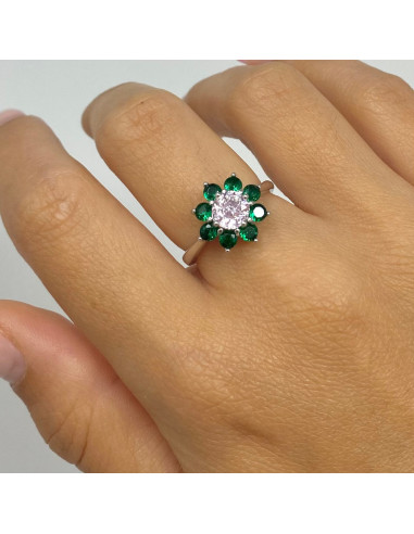 ANILLO EN PLATA FLOR CON PIEDRAS EN ROSA Y VERDE.