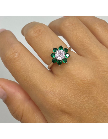 ANILLO EN PLATA FLOR CON PIEDRAS EN ROSA Y VERDE.