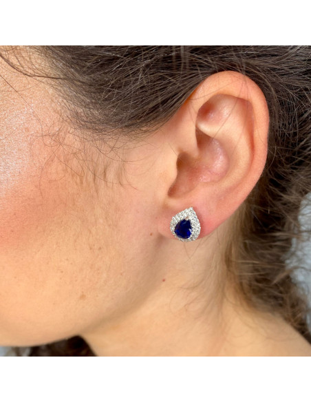 PENDIENTES PLATA CON CIRCONITAS AZULES Y BLANCAS ROSETA GOTA