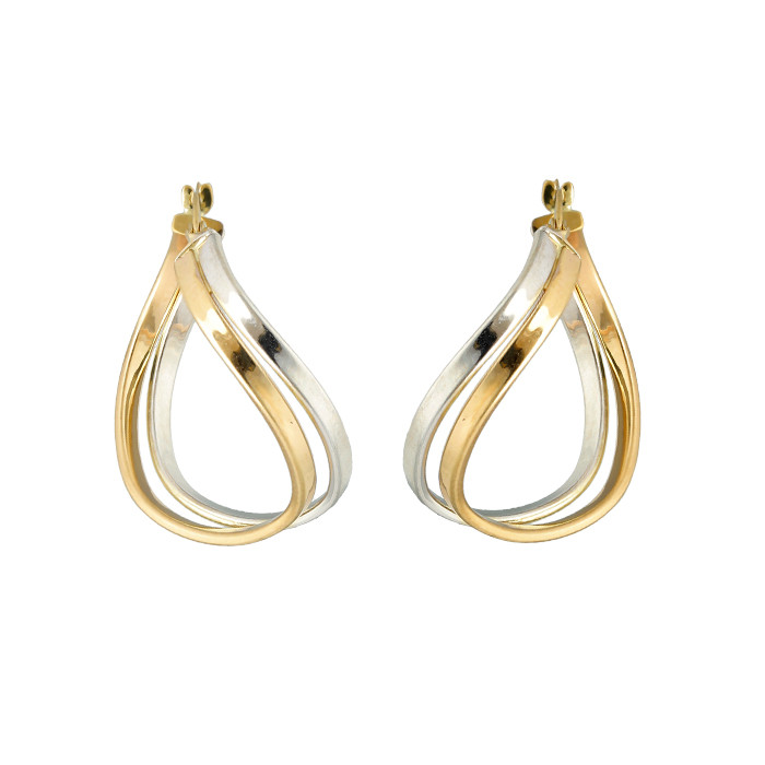 PENDIENTES DE ARO DOBLE DE ORO AMARILLO Y BLANCO FORMA GOTA