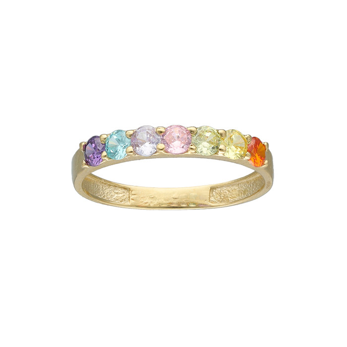 ANILLO EN ORO AMARILLO TIPO MEDIA ALIANZA CON CIRCONITAS DE COLORES