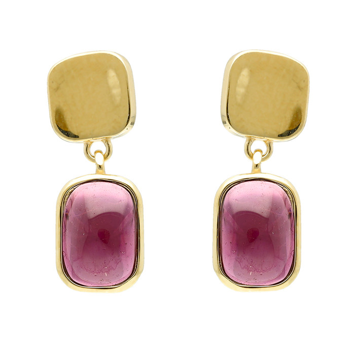 PENDIENTES EN ORO AMARILLO  DE 9 QUILATES DE COLGAR CON PIEDRA GRANATE RECTANGULAR