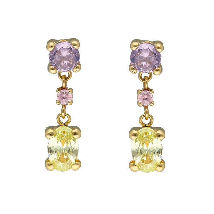 PENDIENTES EN ORO AMARILLO CON TRES PIEDRAS COLORES