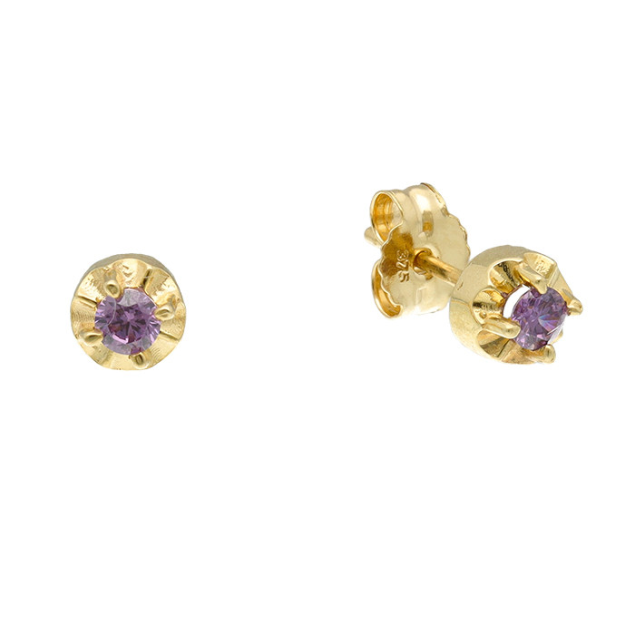 PENDIENTES EN ORO AMARILLO ROSETA AMATISTA REDONDA GARRA