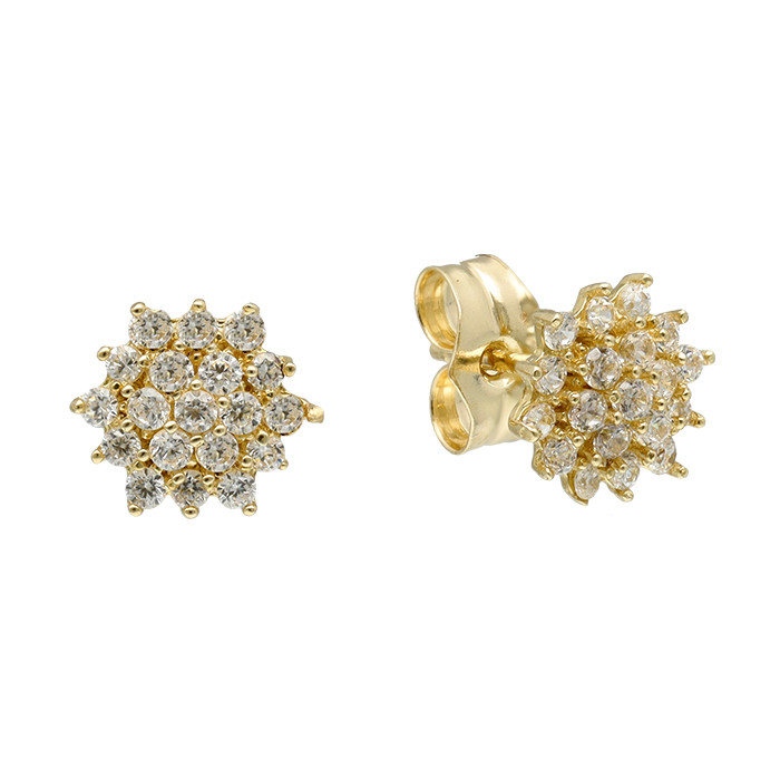 PENDIENTES EN ORO AMARILLO ROSETA CIRCONITAS REDONDO GARRAS