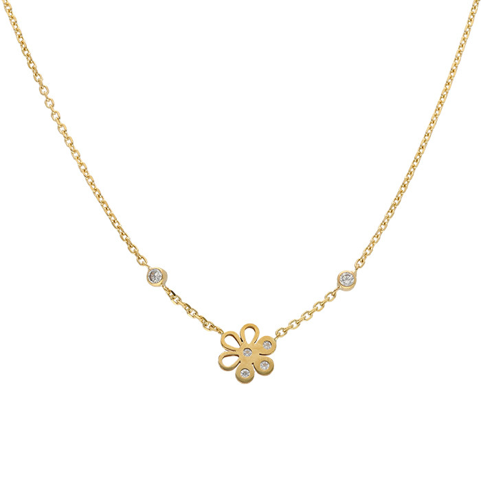 GARGANTILLA DE ORO AMARILLO CADENA FORSA CON FLOR CENTRAL Y UN CHATON DE CIRCONITA A CADA LADO