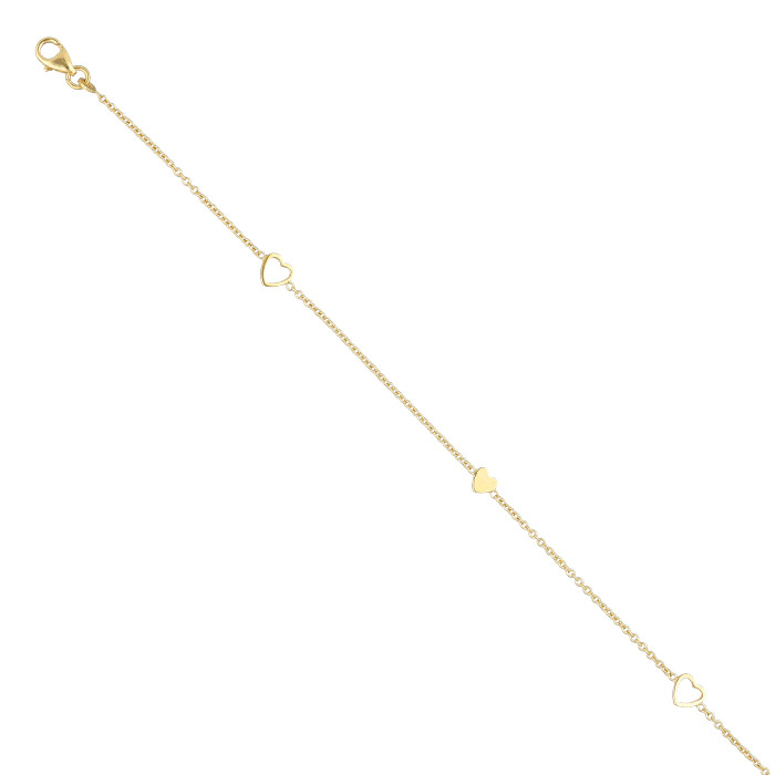 PULSERA EN ORO AMARILLO TRES CORAZONES MALLA ROLO