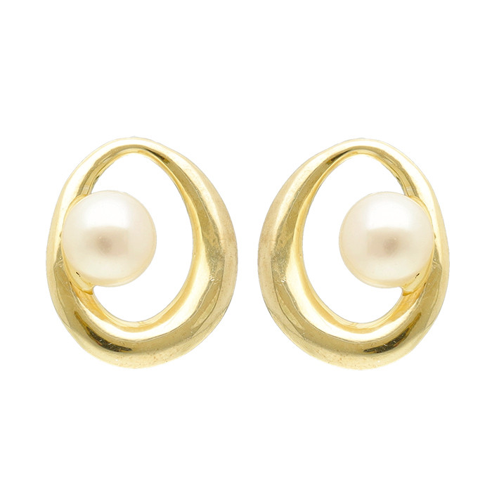 PENDIENTES EN ORO AMARILLO OVAL CALADO CON PERLA CULTIVADA EN EL CENTRO