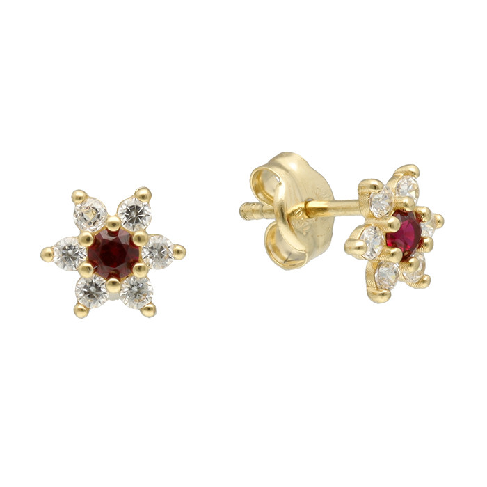 PENDIENTES EN ORO CON CIRCONITAS BLANCAS Y CENTRO ROJO
