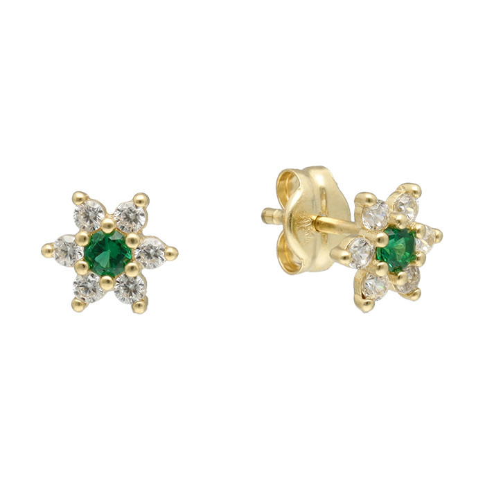 PENDIENTES EN ORO AMARILLO CON CIRCONITAS BLANCAS Y CENTRO VERDE