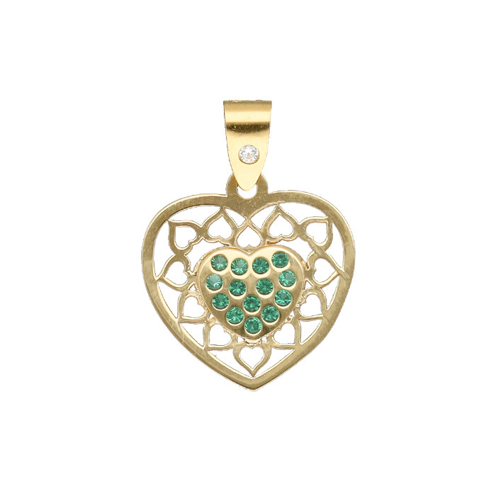 COLGANTE EN ORO CON FORMA DE CORAZON Y CIRCONITAS VERDES