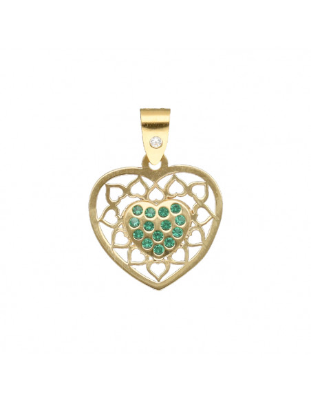 COLGANTE EN ORO CON FORMA DE CORAZON Y CIRCONITAS VERDES