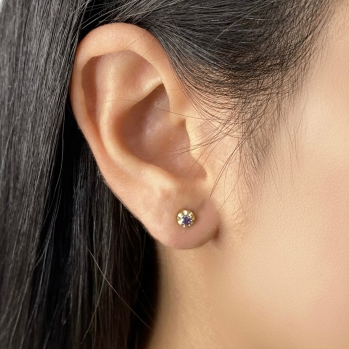 PENDIENTES EN ORO AMARILLO ROSETA AMATISTA REDONDA GARRA 2