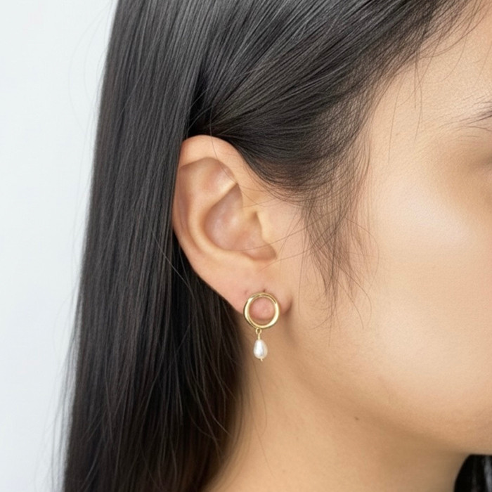 PENDIENTES EN ORO AMARILLO DE 9 QUILATES CON ARO HEXAGONAL Y PERLA COLGANDO 2