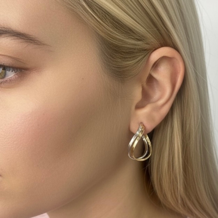 PENDIENTES DE ARO DOBLE DE ORO AMARILLO Y BLANCO FORMA GOTA 2