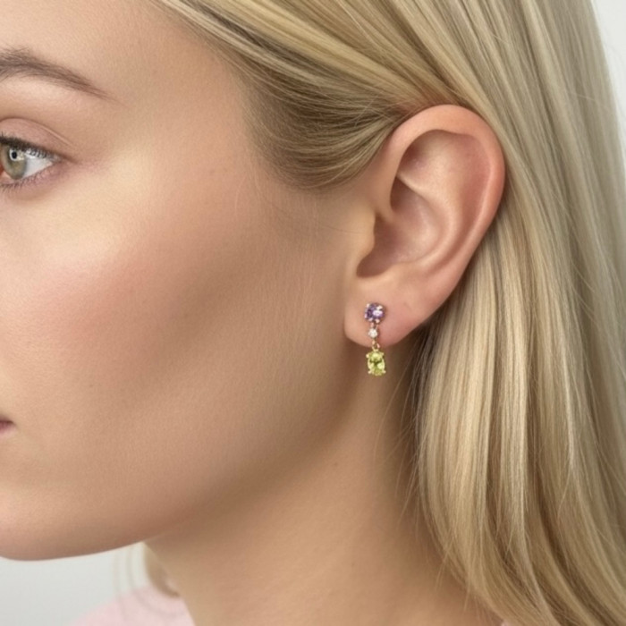 PENDIENTES EN ORO AMARILLO CON TRES PIEDRAS COLORES 2