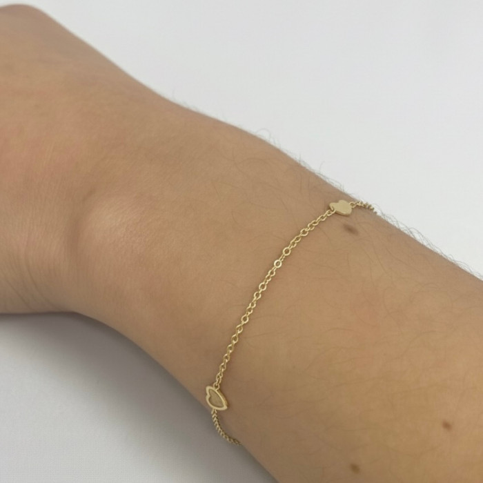 PULSERA EN ORO AMARILLO TRES CORAZONES MALLA ROLO 2
