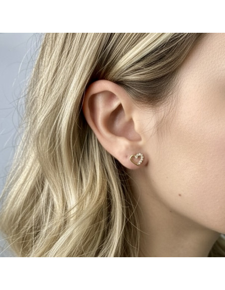 PENDIENTES EN ORO FORMA CORAZON CALADO Y CIRCONITAS