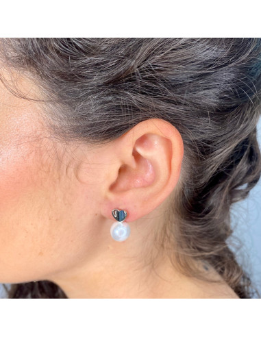 PENDIENTES EN PLATA CORAZÓN PLATA CÓNCAVO PERLA