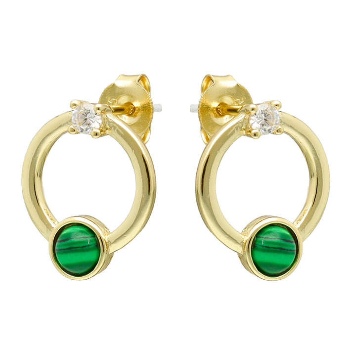 PENDIENTES EN PLATA DORADA CIRCULO CALADO PIEDRA VERDE Y CIRCONITA