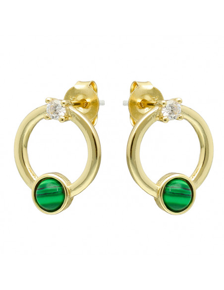 PENDIENTES EN PLATA DORADA CIRCULO CALADO PIEDRA VERDE Y CIRCONITA