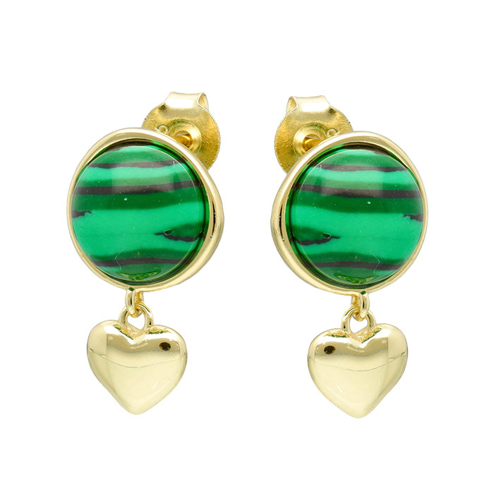 PENDIENTES EN PLATA DORADA MEDIA BOLA VERDE CORAZÓN COLGANDO