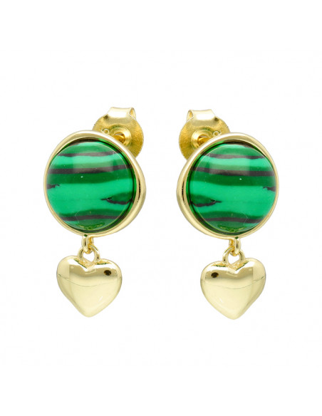 PENDIENTES EN PLATA DORADA MEDIA BOLA VERDE CORAZÓN COLGANDO