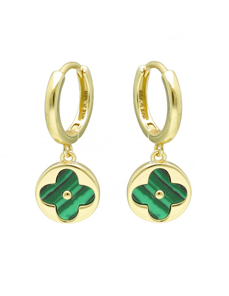 PENDIENTES EN PLATA DORADA ARO CIRCULO TREBOL VERDE  COLGANTE