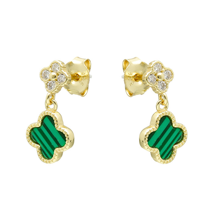 PENDIENTES EN PLATA DORADA CON TRÉBOL CIRCONITAS Y TRÉBOL VERDE