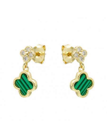 PENDIENTES EN PLATA DORADA CON TRÉBOL CIRCONITAS Y TRÉBOL VERDE