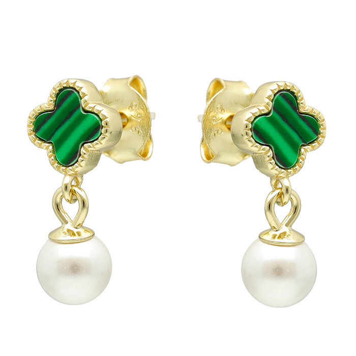 PENDIENTES EN PLATA DORADA CON TRÉBOL VERDE Y PERLA