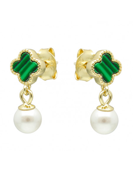 PENDIENTES EN PLATA DORADA CON TRÉBOL VERDE Y PERLA