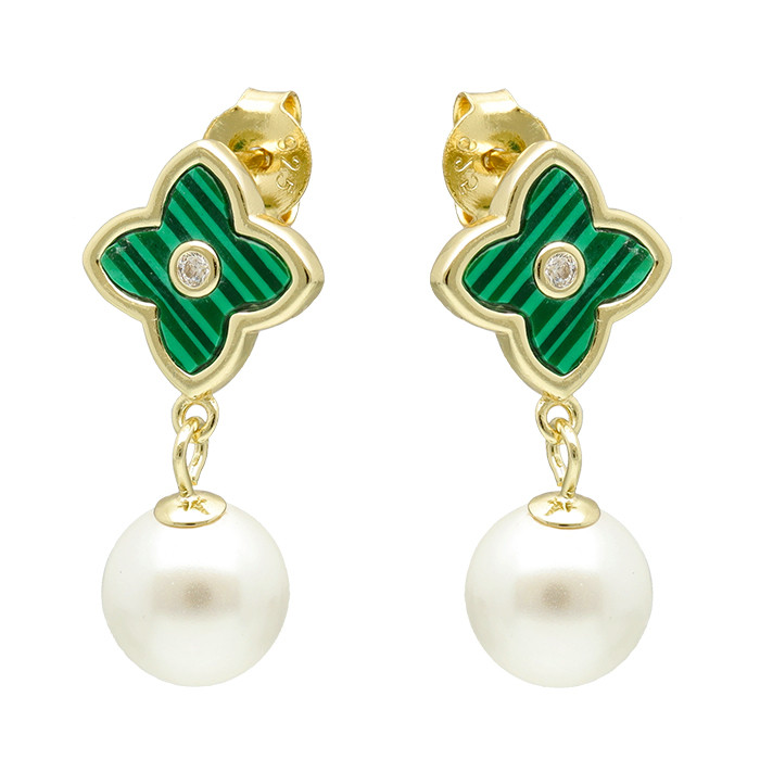 PENDIENTES EN PLATA DORADA CON FLOR VERDE CON CIRCONITA Y PERLA