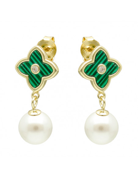 PENDIENTES EN PLATA DORADA CON FLOR VERDE CON CIRCONITA Y PERLA